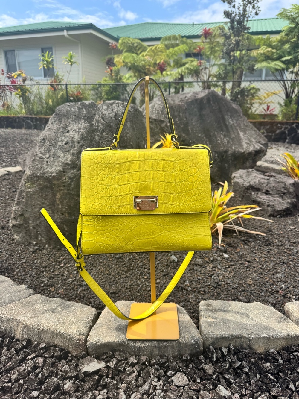 Kate Spade New York Yellow Croc Embossed Leather Satchel Crossbody Bag